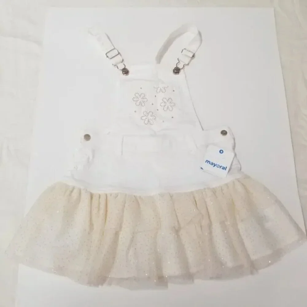 Nwt Mayoral white denim overall skirt sparkly bottom size 6 (F13)